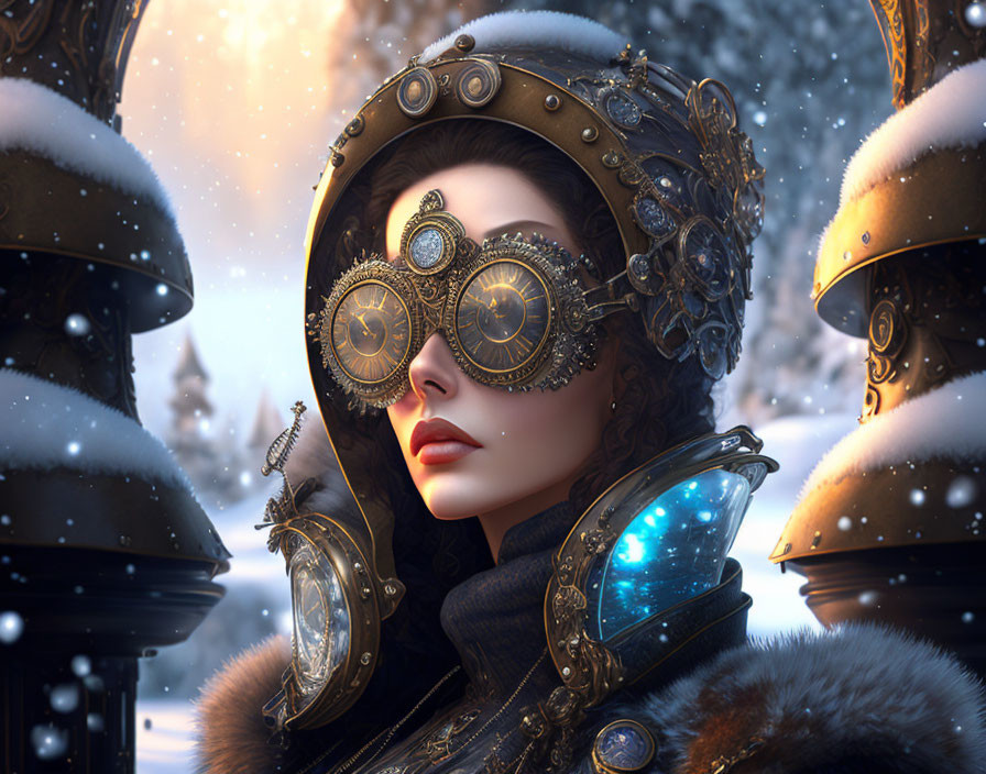 Detailed steampunk helmet woman in snowy scene