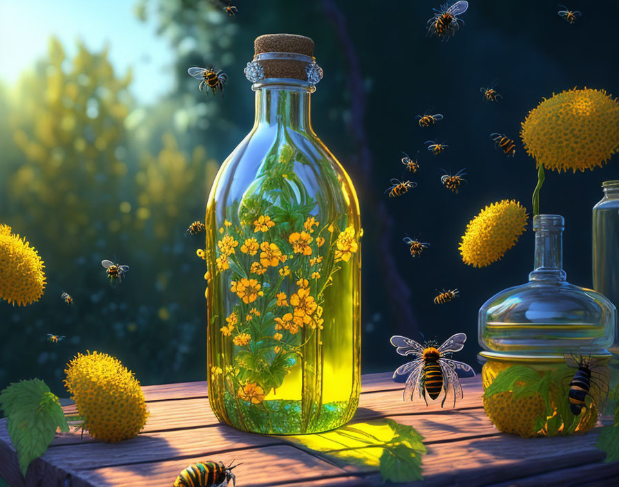 Yellow flowers in glass bottle with bees and sunflowers in forest sunlight