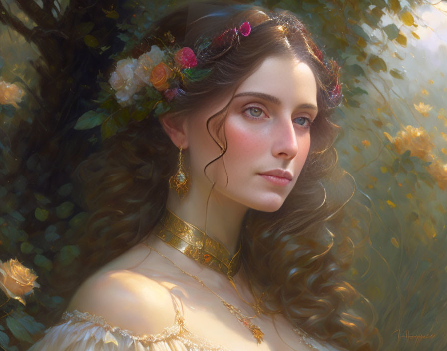 Woman with Flower Hair Portrait in Enchanted Forest