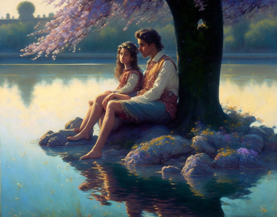 Young couple under flowering tree by misty lake in serene painting