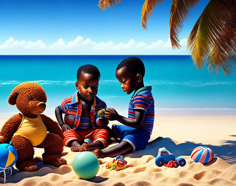 Children playing on sunny beach with toys and teddy bear in colorful scene