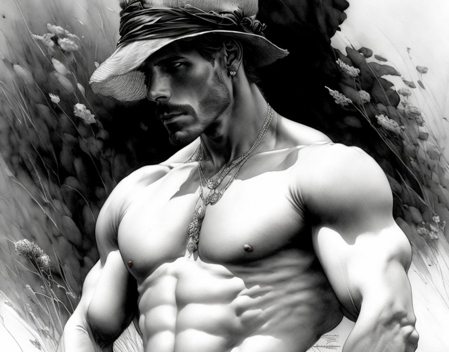 Muscular man in wide-brimmed hat with flowers, necklace, contemplative expression