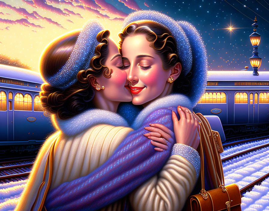 Two women embracing at train station at twilight with old-fashioned train and glowing lampposts.