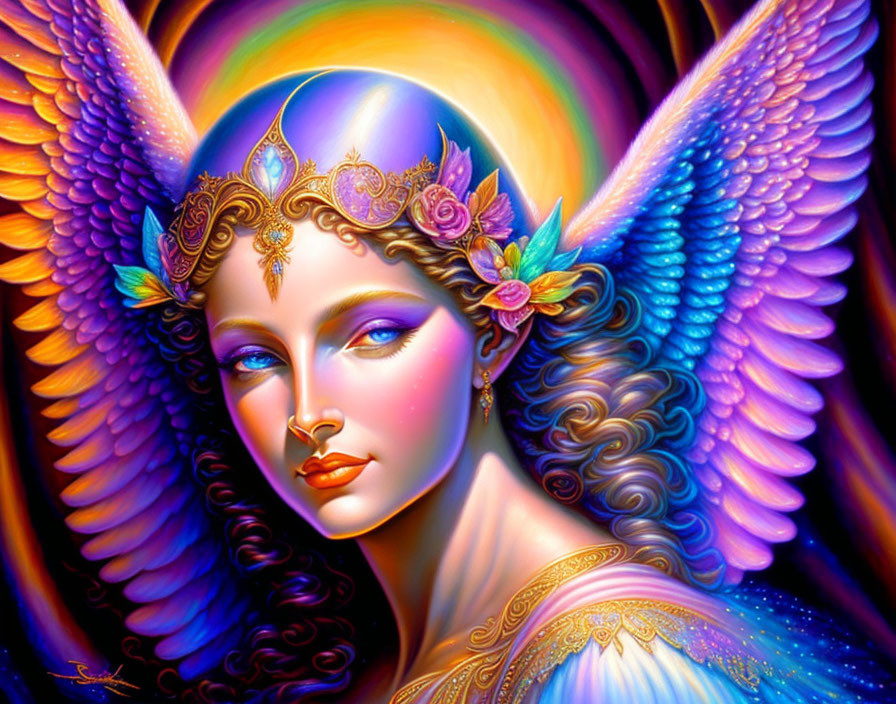 Colorful Mythical Female Figure with Wings and Radiant Aura