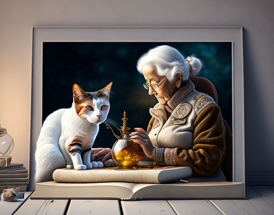 Elderly woman reading book with cat, lantern, and mouse in 3D desktop picture