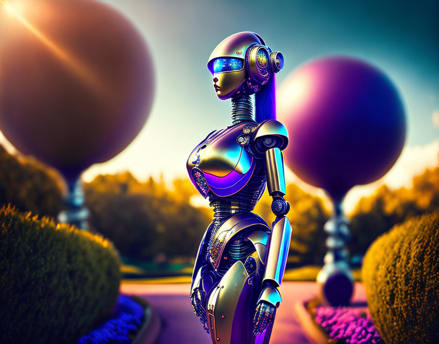 Futuristic metallic robot in colorful garden at sunset