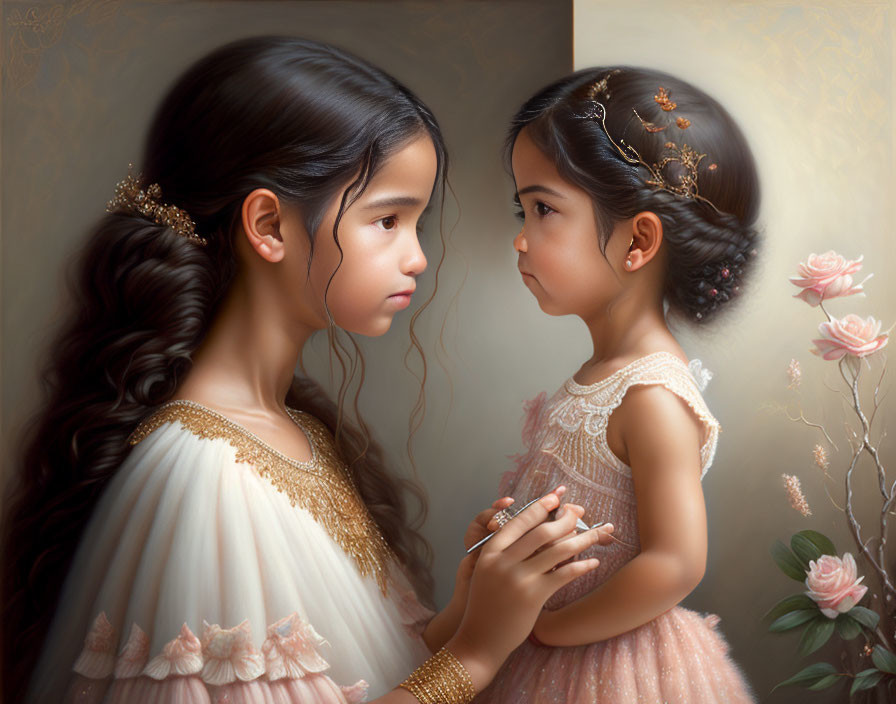 Two young girls in dresses with gold accents and soft floral surroundings.