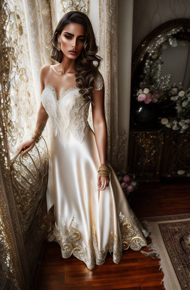 Elegant woman in white lace wedding gown in vintage room