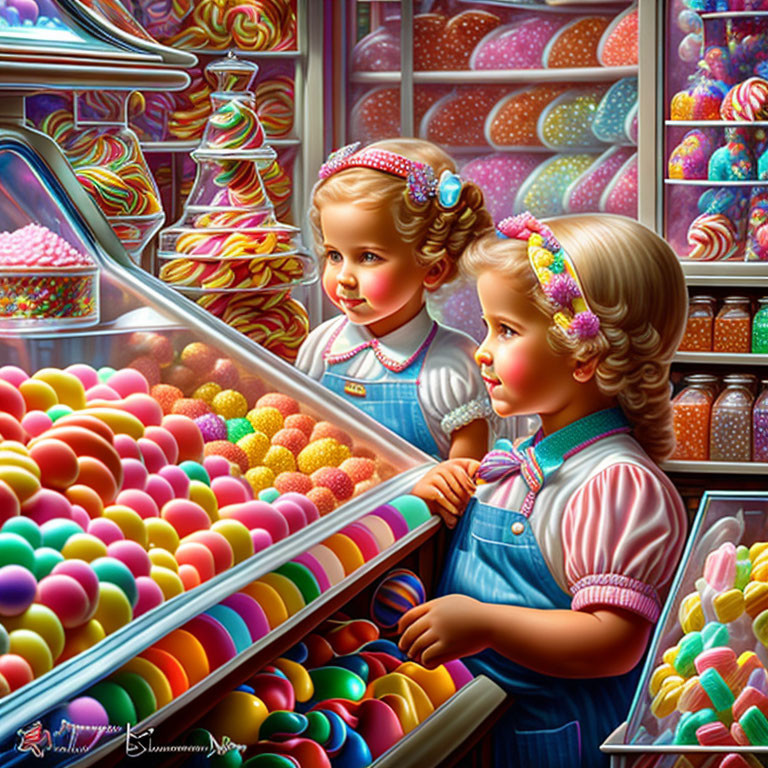 Two young girls in a vibrant candy store surrounded by colorful sweets