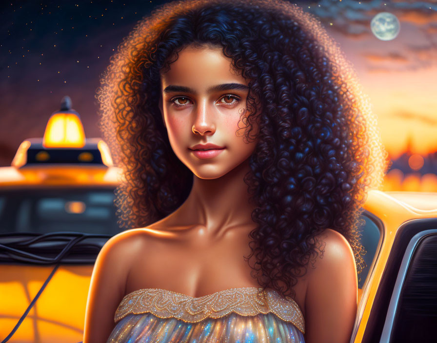 Curly-haired young woman by yellow taxi at sunset with lantern and moon.