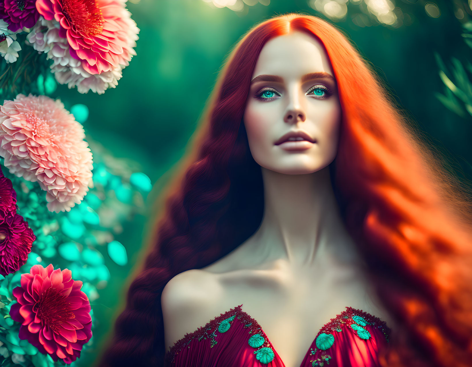 Long red hair woman with green eyes in vibrant flower setting.