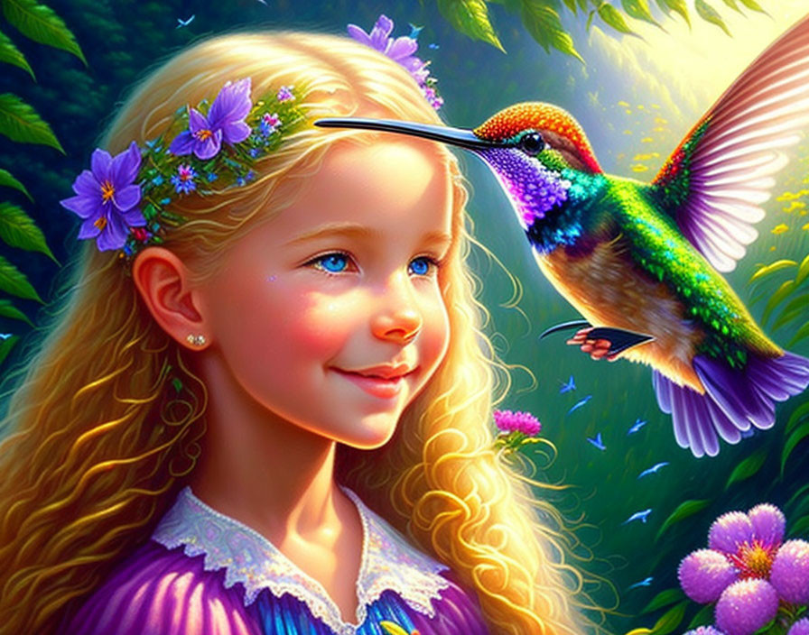 Digitally illustrated image of a young girl with blonde hair and a hummingbird in a sunlit setting