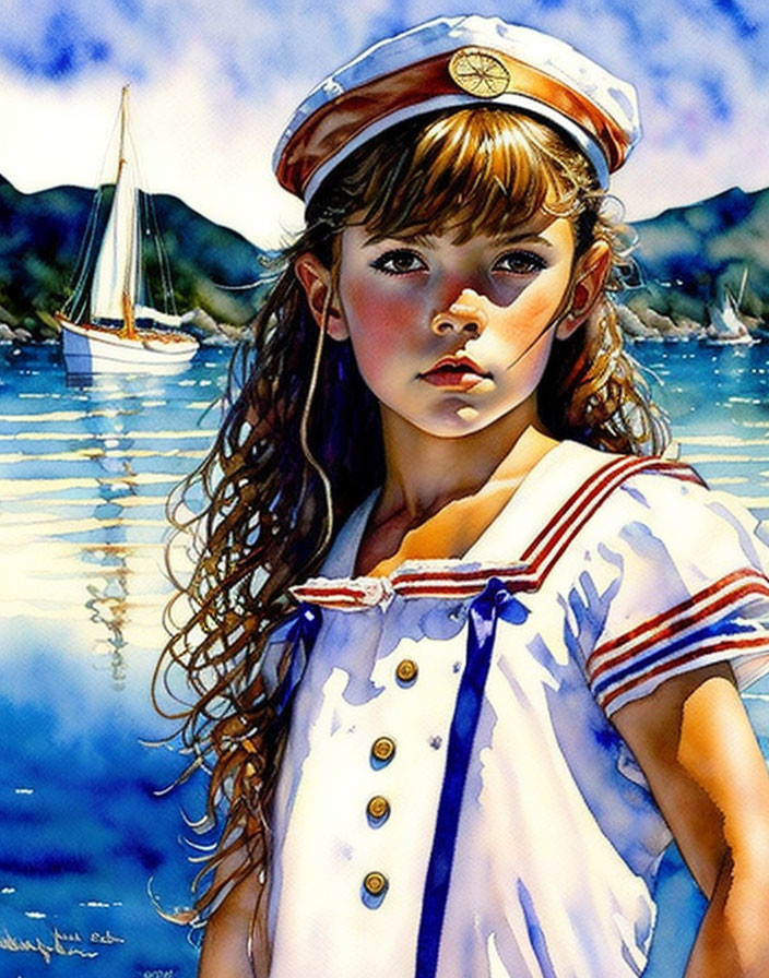 Young girl in sailor outfit by blue water with sailboat