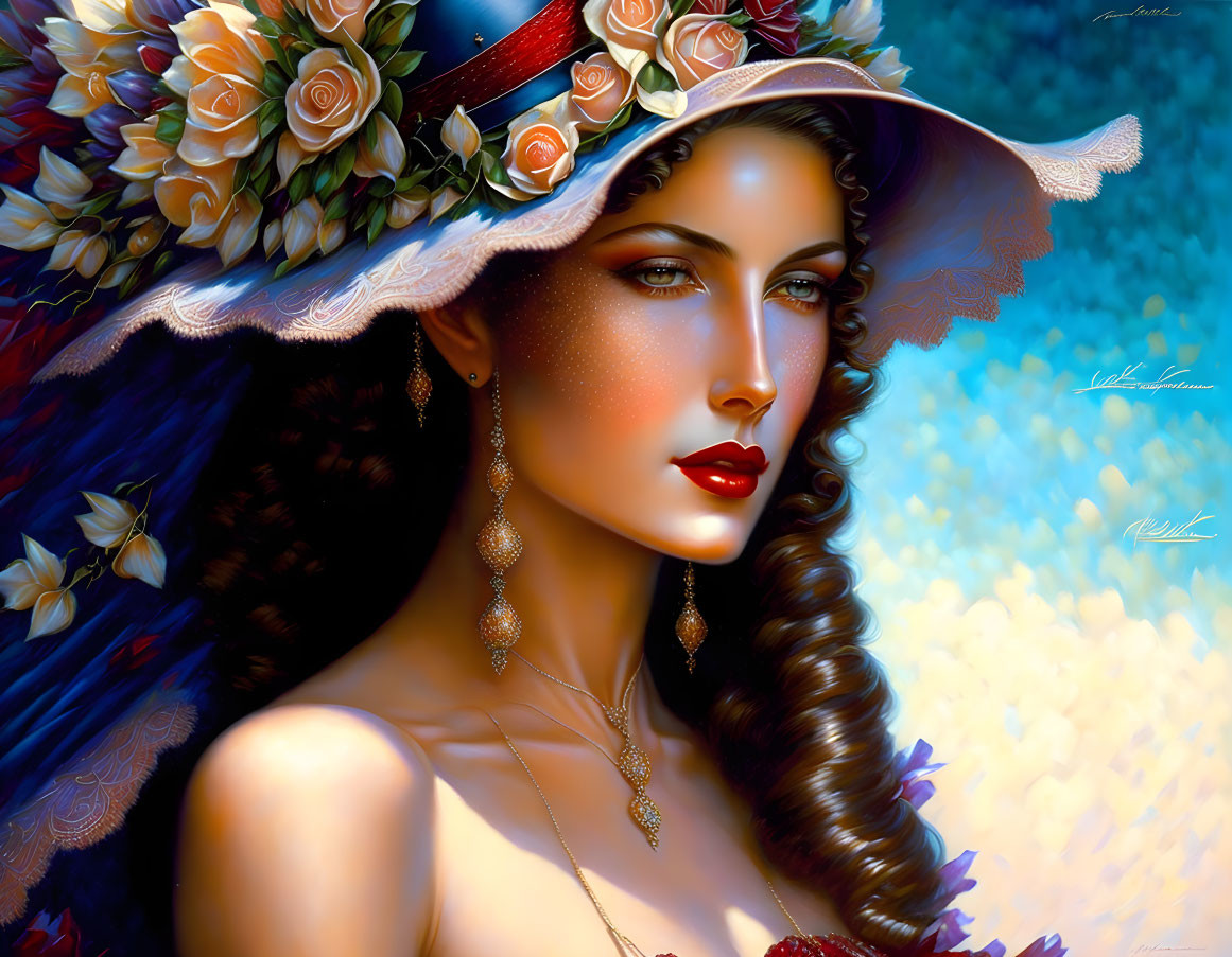 Vibrant digital art portrait of woman with floral hat and flowing hair