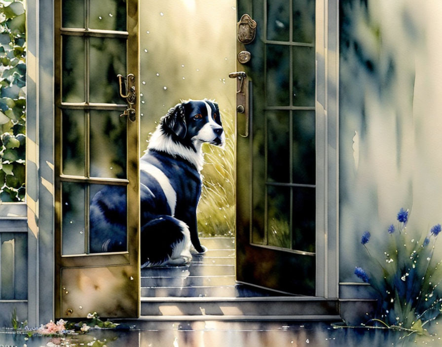 Dog observing light rain in garden setting with flowers and vines