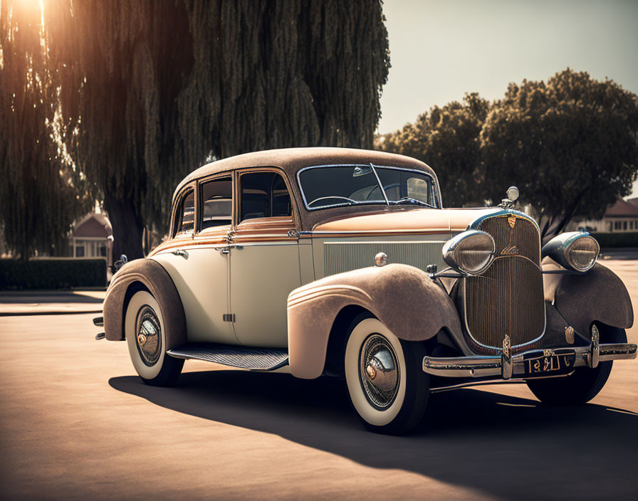 Vintage Cream and Brown Car Parked in Sunlight with Blurred Background