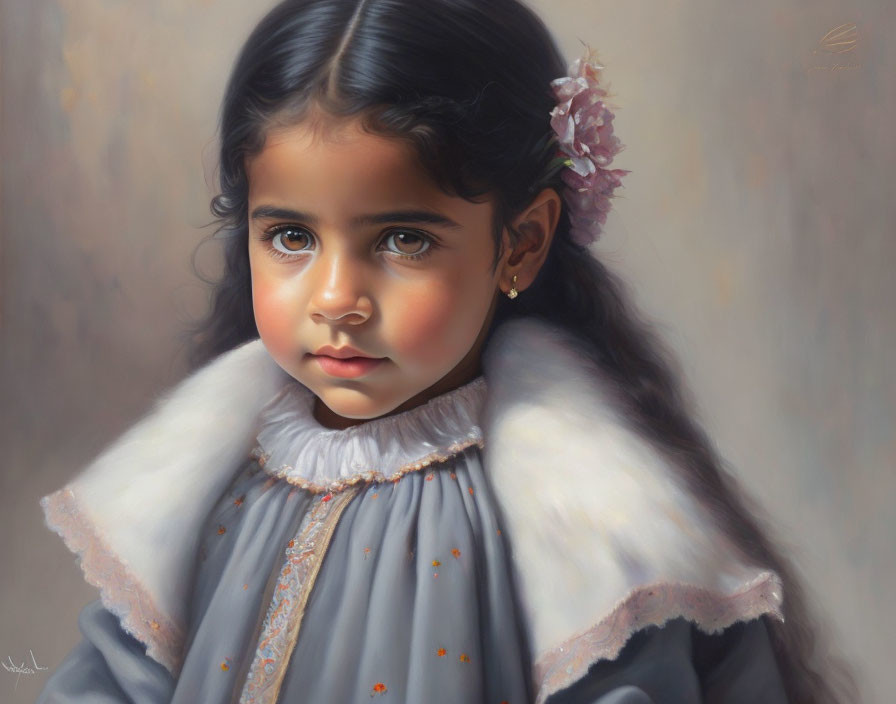 Young girl portrait: dark hair, big eyes, gray dress with orange details, white fur collar,