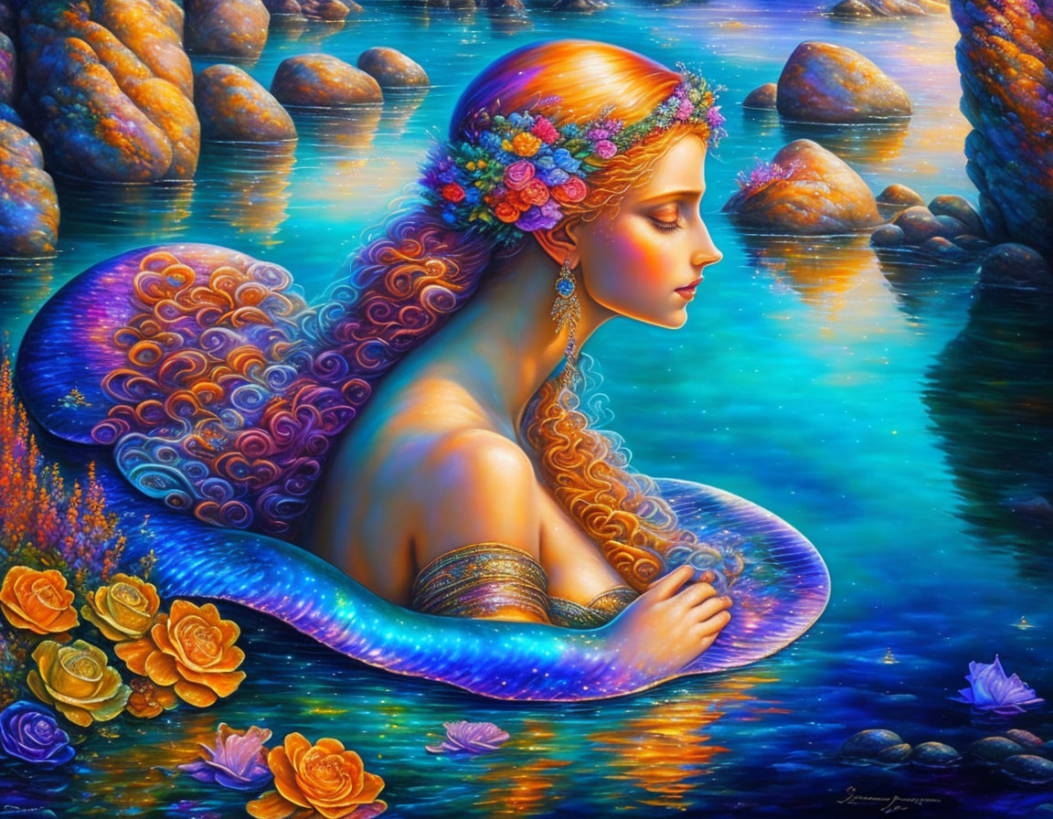 Colorful Mermaid Illustration with Floral Headpiece in Water