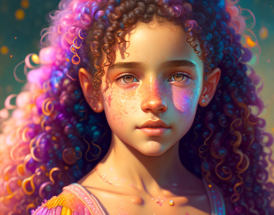 Close-up Illustration: Young Girl with Curly Hair, Colorful Skin, and Freckles