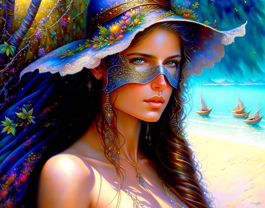 Woman with decorated hat and mask by the sea with sailboats.