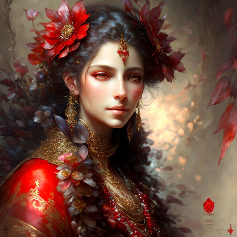 Serene woman adorned with red flowers and gold jewelry in mystical autumn setting