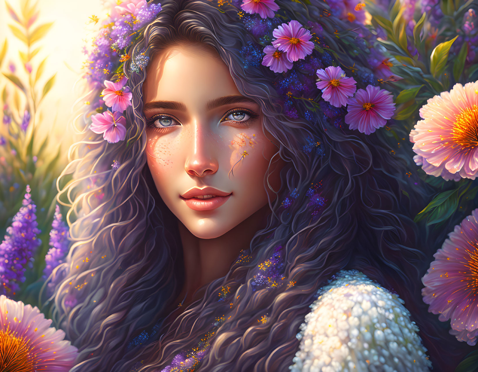 Detailed digital portrait of woman with flowers, vibrant blooms, expressive eyes.