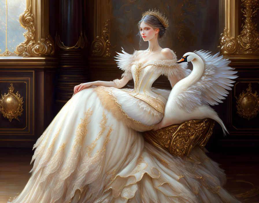 Regal woman in white gown with swan motifs beside swan in luxurious interior