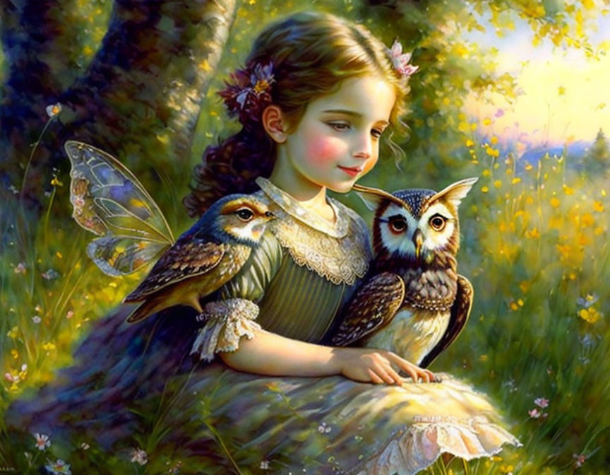 Young girl with fairy wings cradles owls in sunlit forest