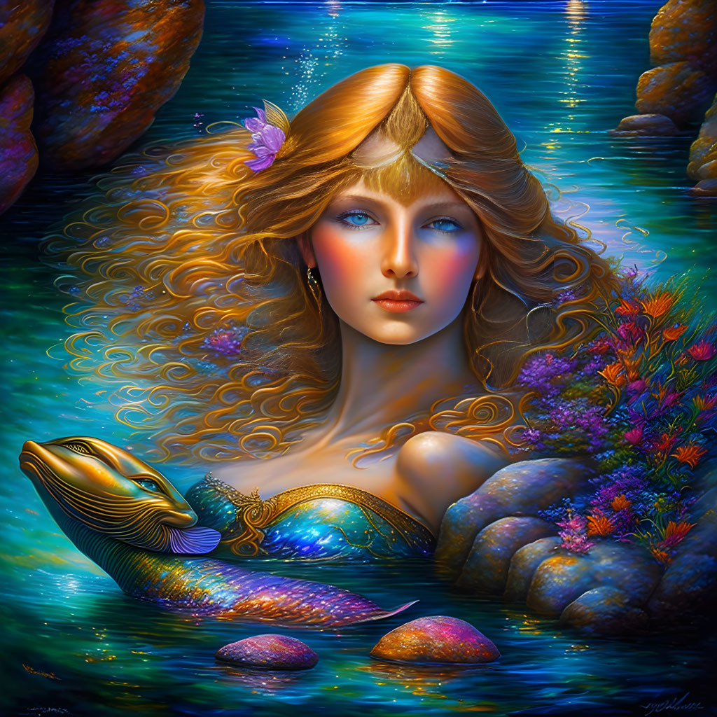 Vivid digital artwork: Mermaid with golden hair, blue eyes, marine life, rock formations