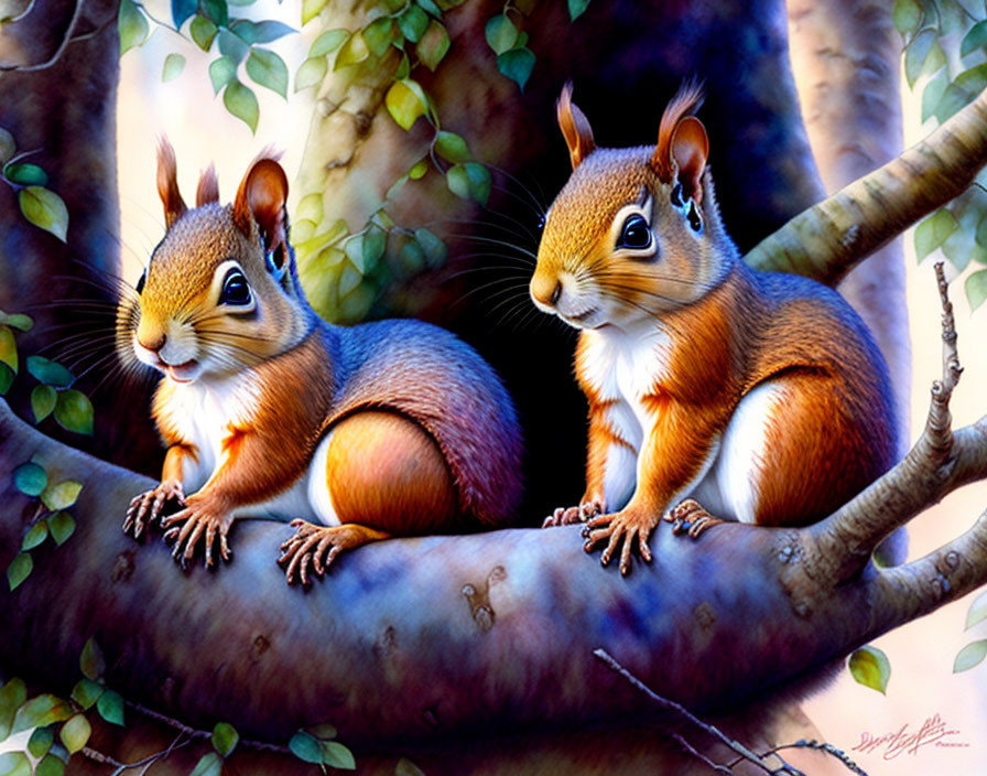 Two squirrels on tree branch in forest setting