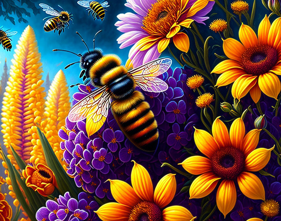 Colorful Bee Flying Among Flowers in Blue Sky