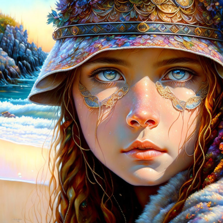 Digital painting of young woman in ornate helmet against snowy landscape