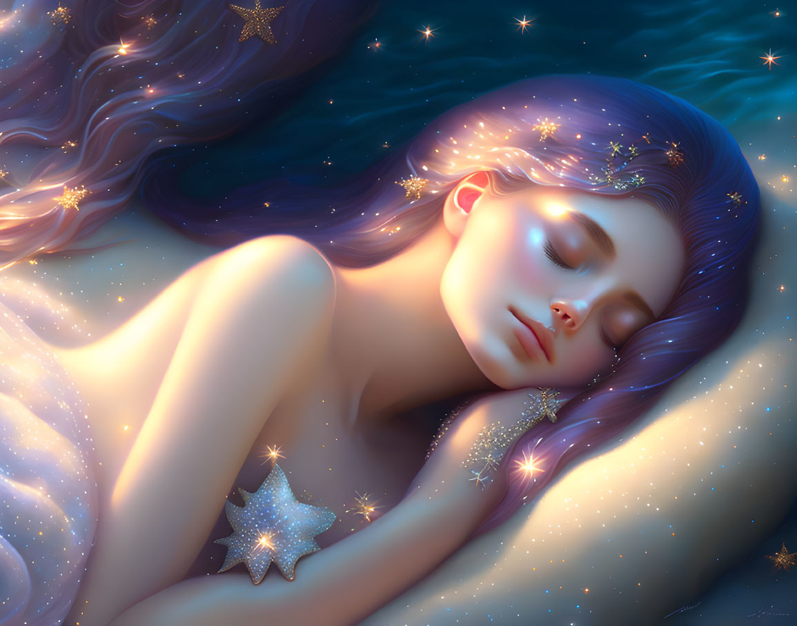 Woman adorned with stars in serene celestial setting