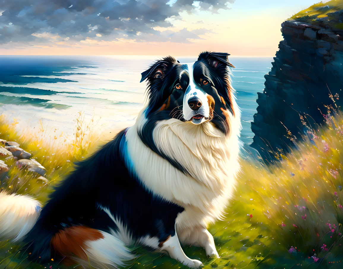 Border Collie on Grassy Cliff Overlooking Sunset Sea