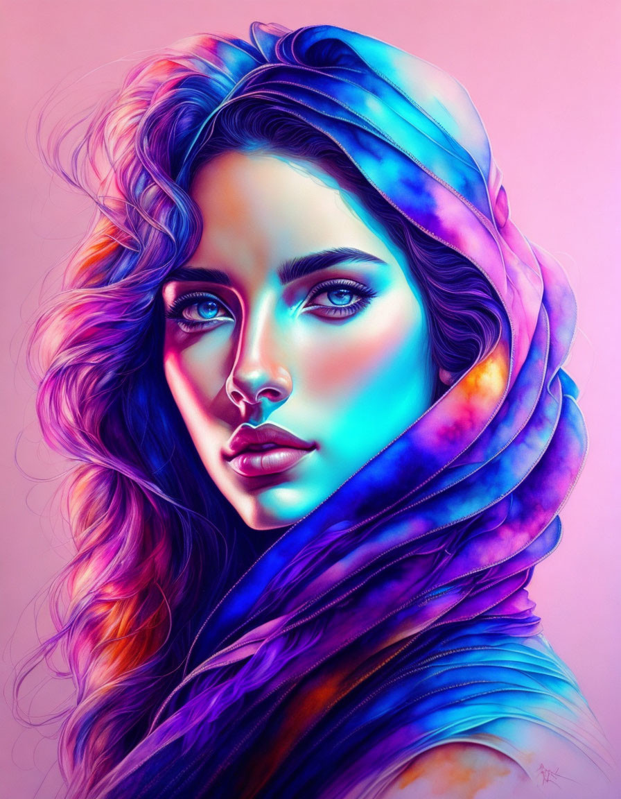 Vibrant artistic portrait of a woman with blue eyes and colorful scarf