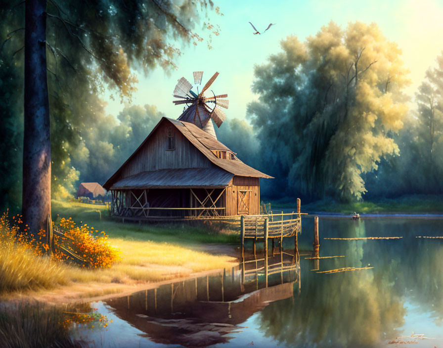 Tranquil rural landscape with wooden barn, windmill, and pond surrounded by lush trees