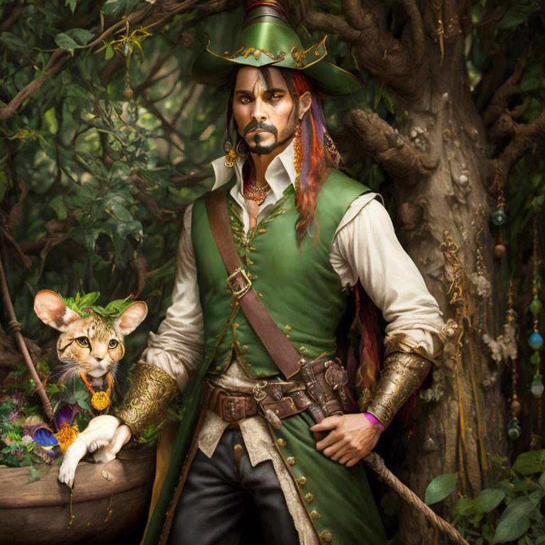 Stoic person in pirate costume with cat in forest setting