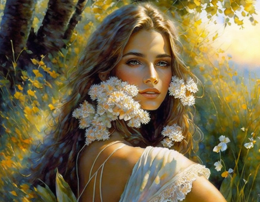 Woman with flowing hair and white flowers in sunlit floral setting