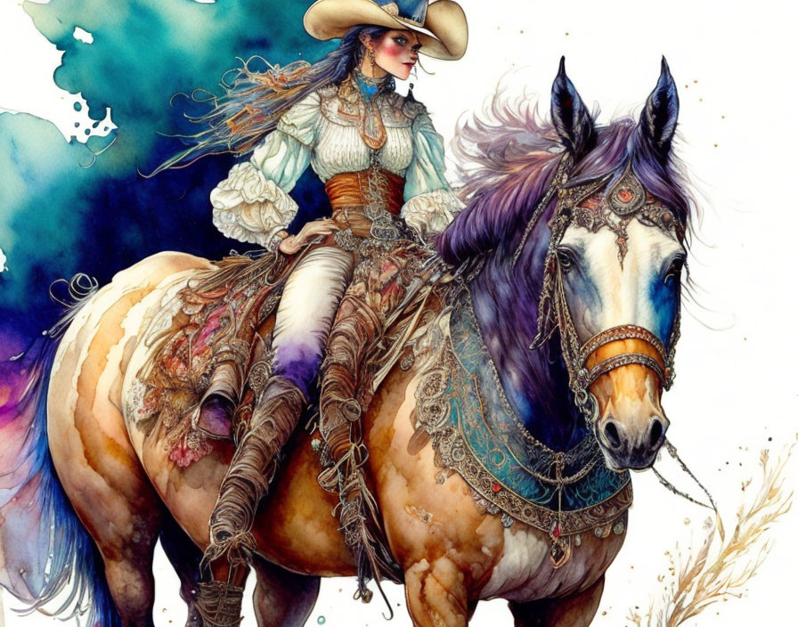 Detailed Western Attire Woman Riding Ornate Horse