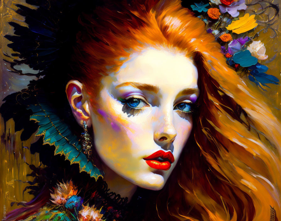 Portrait of Woman with Red Hair, Flowers, Makeup, and Feathered Neckline on Golden Background