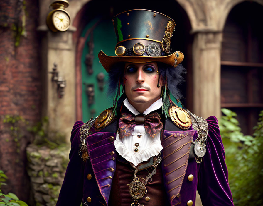 Elaborate steampunk outfit with top hat and purple coat on vintage backdrop