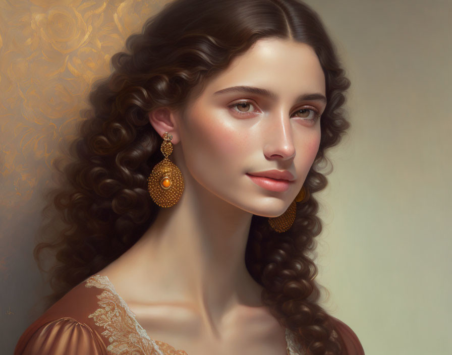 Curly-Haired Woman with Gold Earrings in Soft Gaze