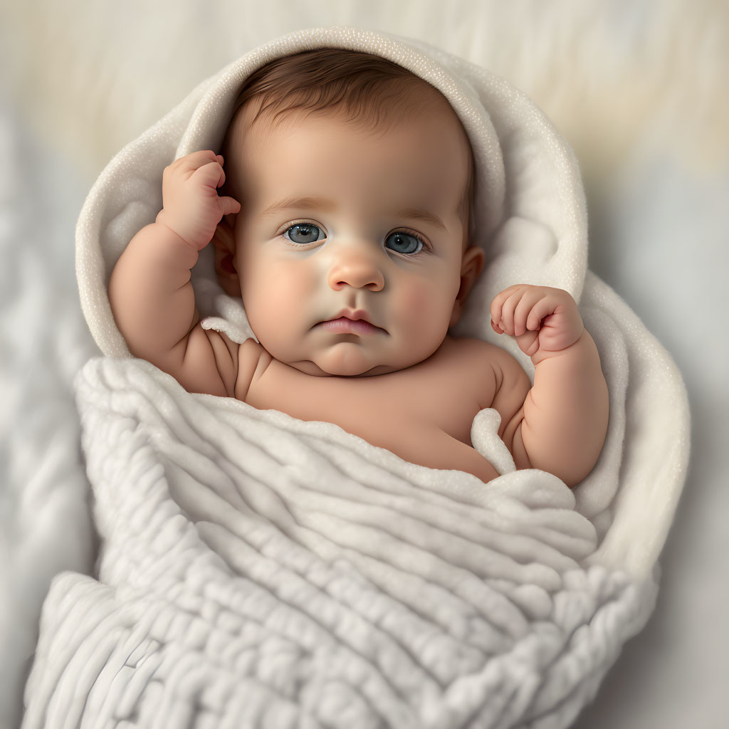 Blue-eyed baby wrapped in white blanket on soft surface gazes curiously.