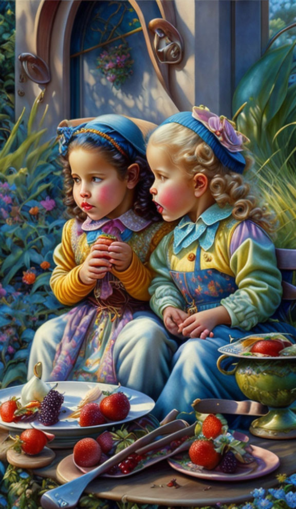 Vintage-clad girls with strawberries and flowers, observing a butterfly.