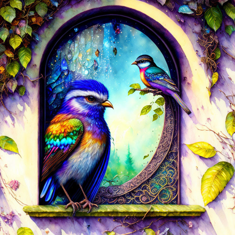 Colorful birds near arched window with dreamy landscape view