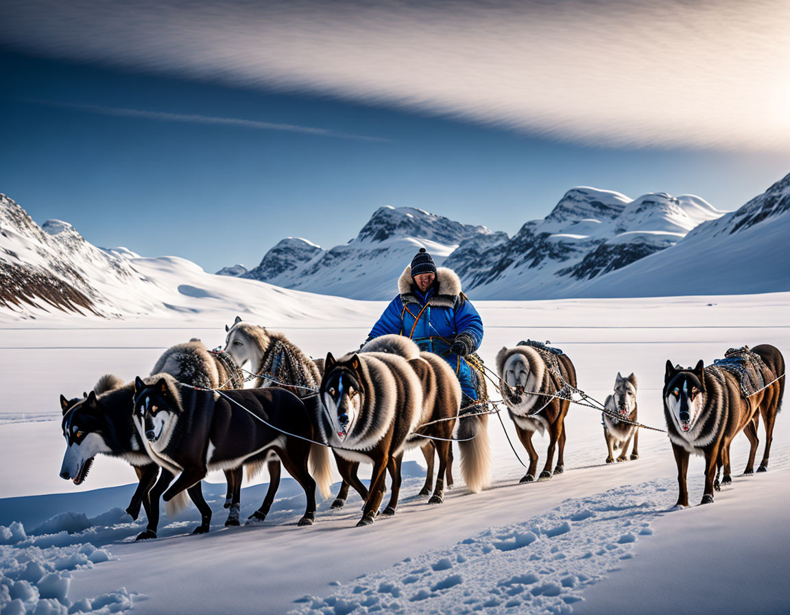 Person in Blue Jacket Mushing Husky Dogs on Snowy Landscape