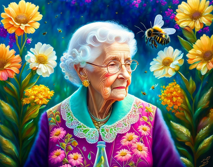 Elderly lady with glasses and pearl necklace among vibrant flowers and buzzing bee