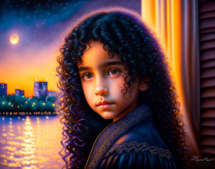 Young girl with curly hair in sunset cityscape portrait.