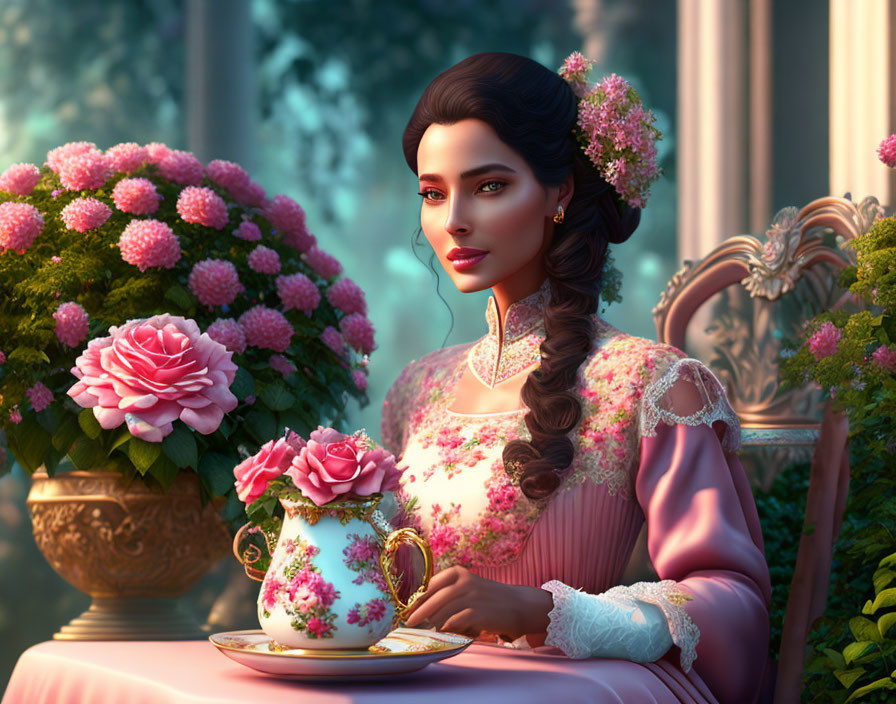 Victorian woman with floral teapot in lush garden setting