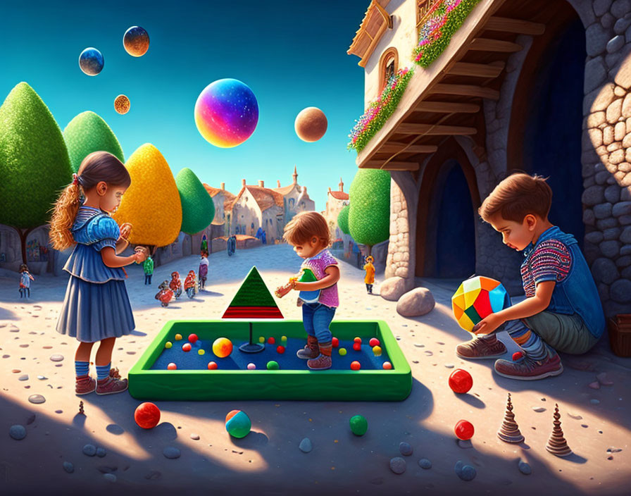 Vibrant village playground with children playing colorful balls and geometric shapes